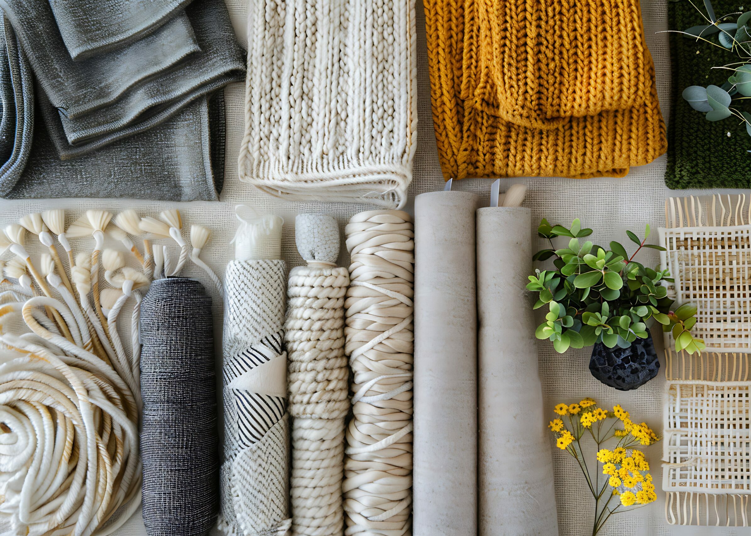 Flat lay of natural textures and materials for home decor, interior design, and DIY projects.